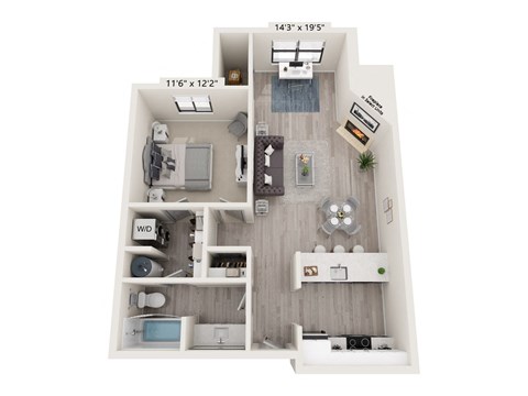 Floor plan for 1 bed, 1 bath, 660 sqft